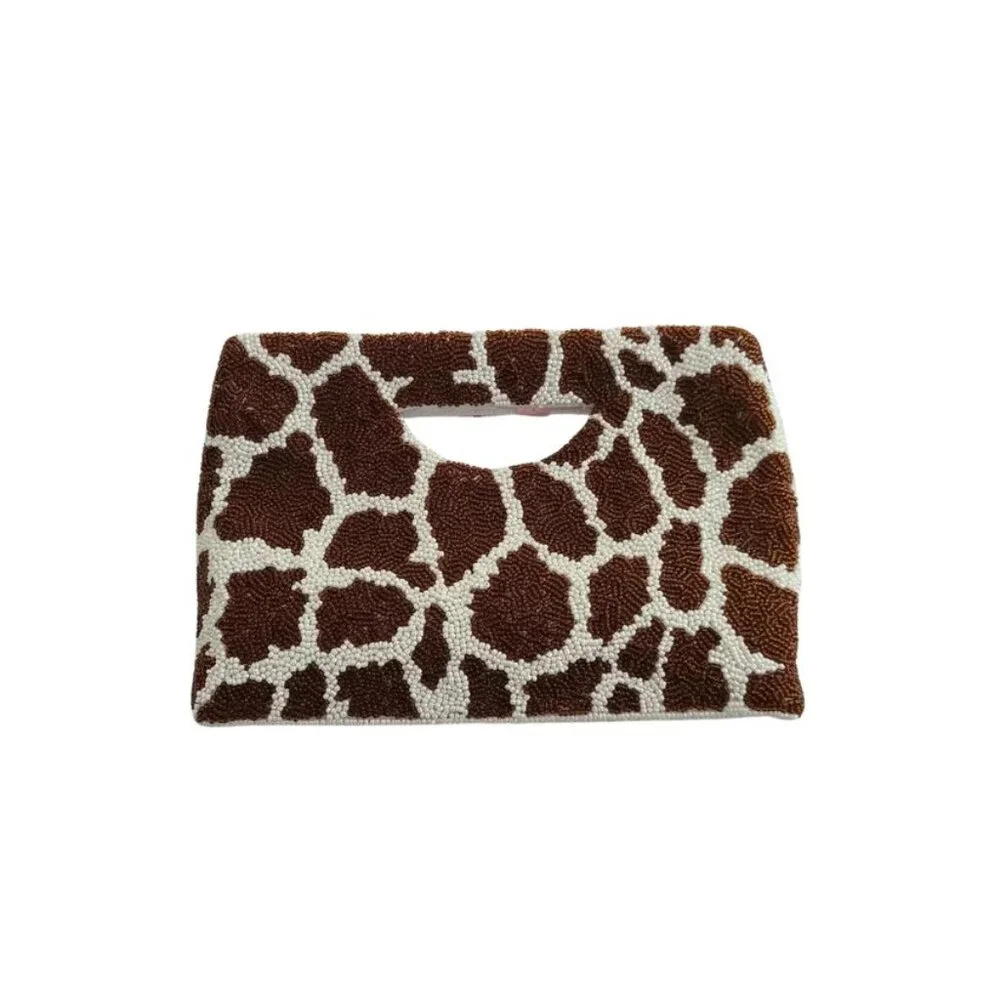 NWT Hand Beaded Giraffe Print Clutch - Brown & Ivory